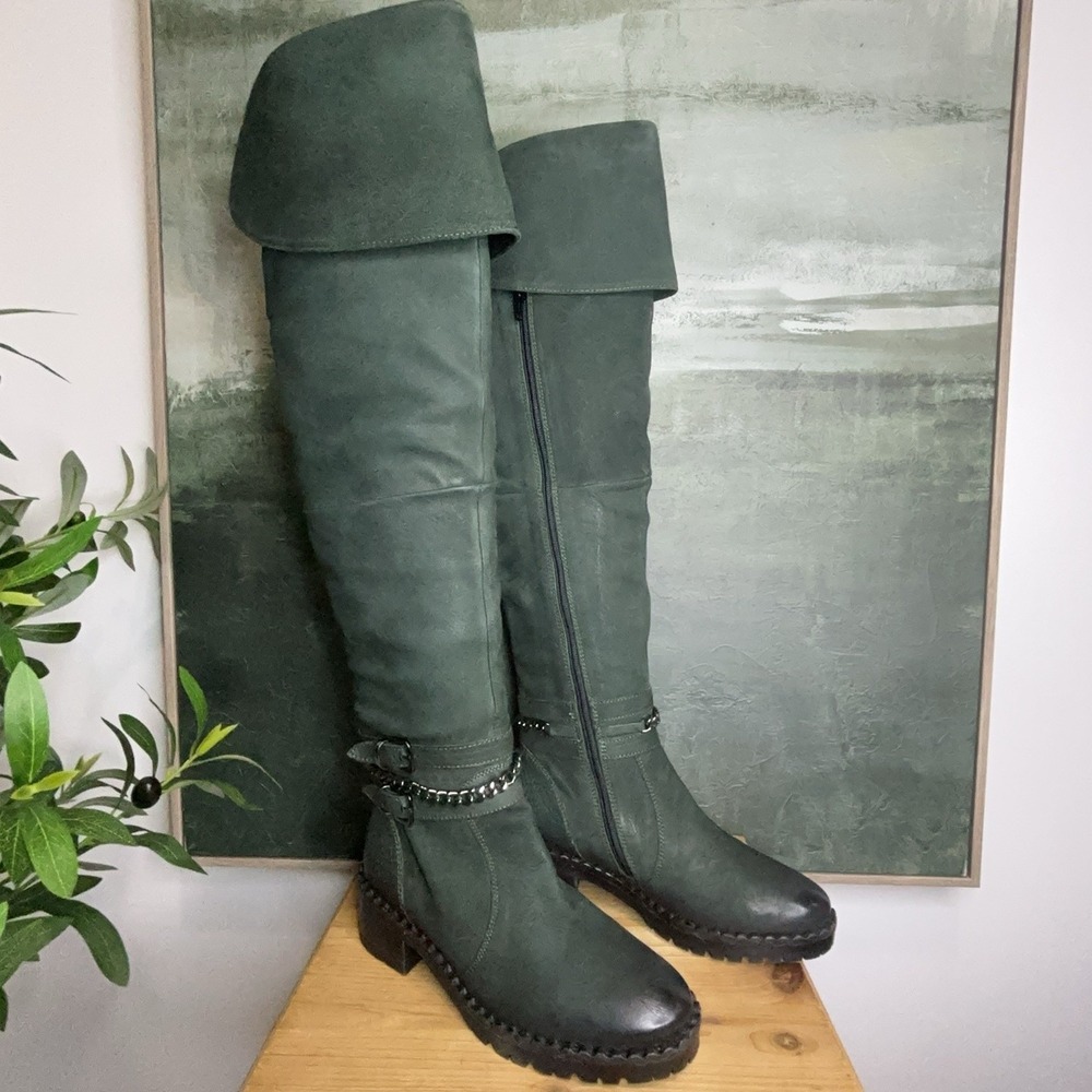 Vintage Foundry Alice Boots Women 6 Green Leather Over Knee VFL279